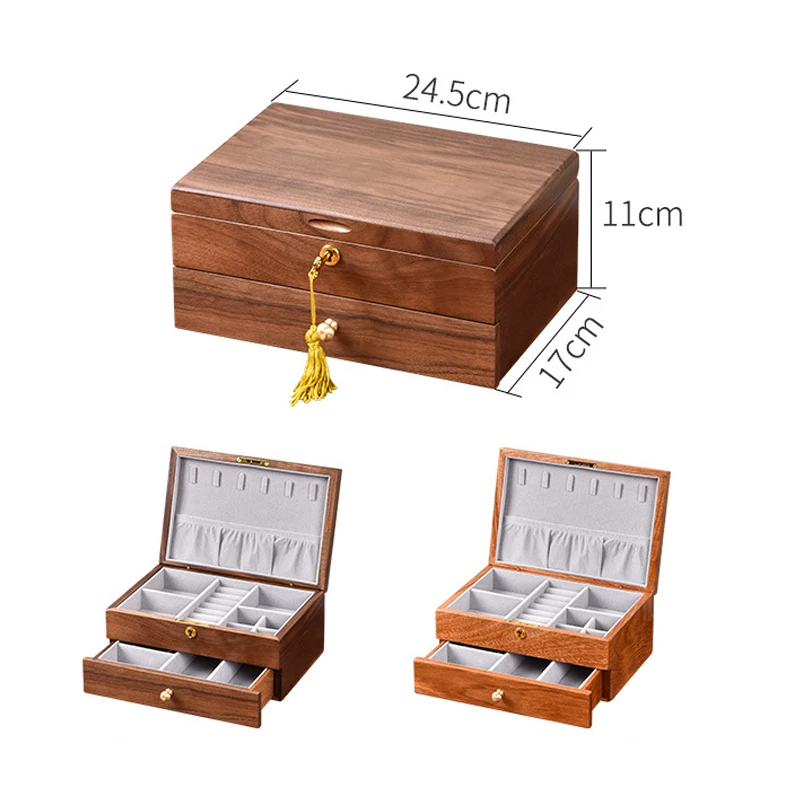 Luxury Wooden Double-Layer Jewelry Storage Box Necklaces Jewelry Box With Lock And Key Organizer Boxes for female