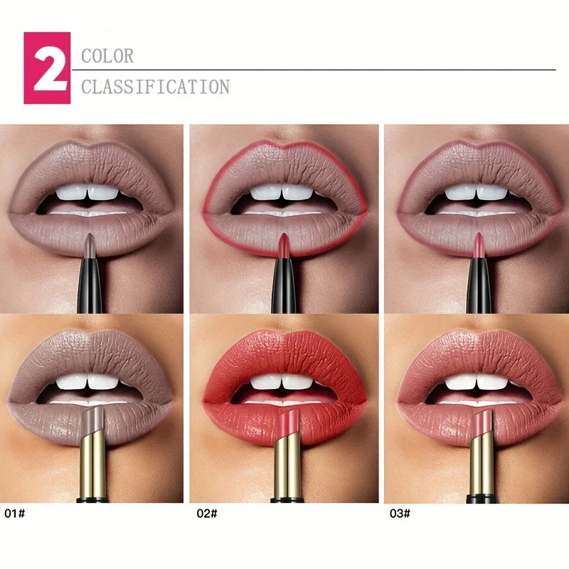 قطعة واحدة من أحمر الشفاه ذو الأطراف المزدوجة + قلم تحديد الشفاه، عصا دوارة مقاومة للتلطخ، أحمر شفاه ناعم غير لامع يدوم طويلاً