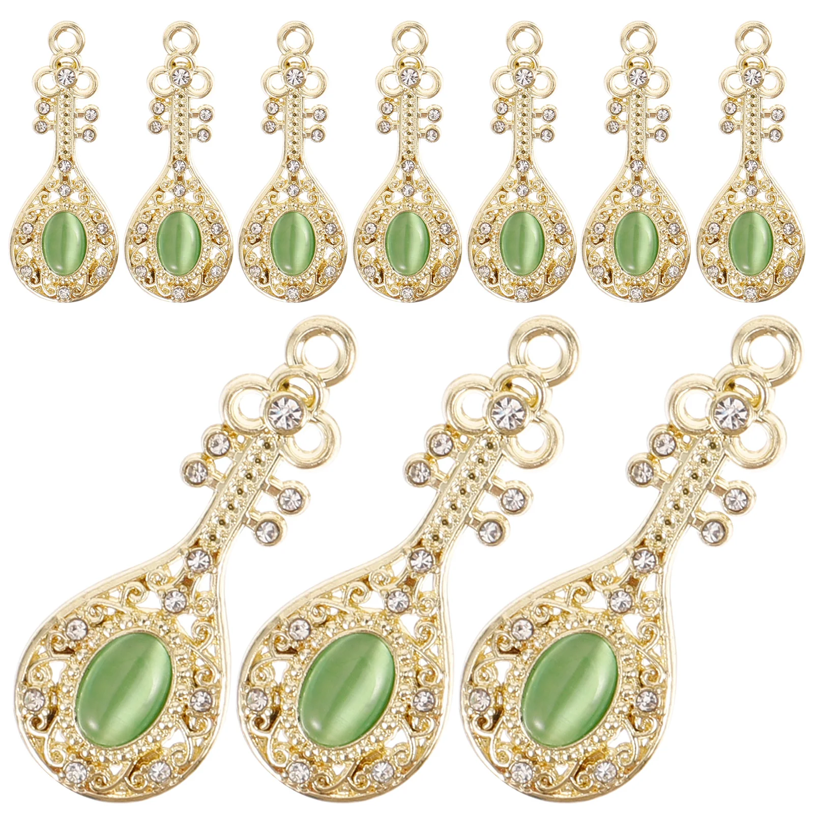 

10Pcs Green Cat's Eye Stone Pipa Earrings Necklace Pendants Lightweight Zinc Alloy Jewelry Making Accessories Handmade Charms