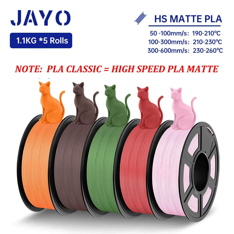 JAYO Filament 3D mat PLA haute vitesse 1.75mm Filament d'imprimante 3D PLA 5 rouleaux/ensemble matériaux d'impression 3D effet mat soigneusement blessés