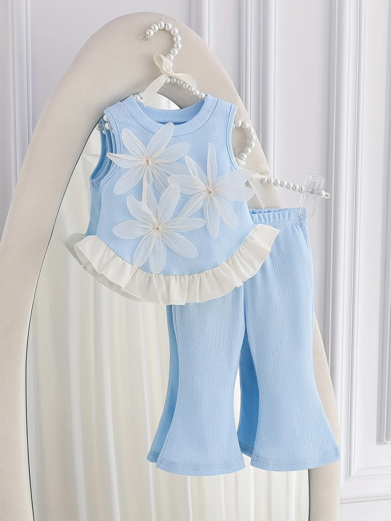 

Комплект из светло-голубого цвета из органзы для маленьких девочек: жилет без рукавов + расклешенные брюки, идеально подходит для дней рождения и подарков на День святого Валентина