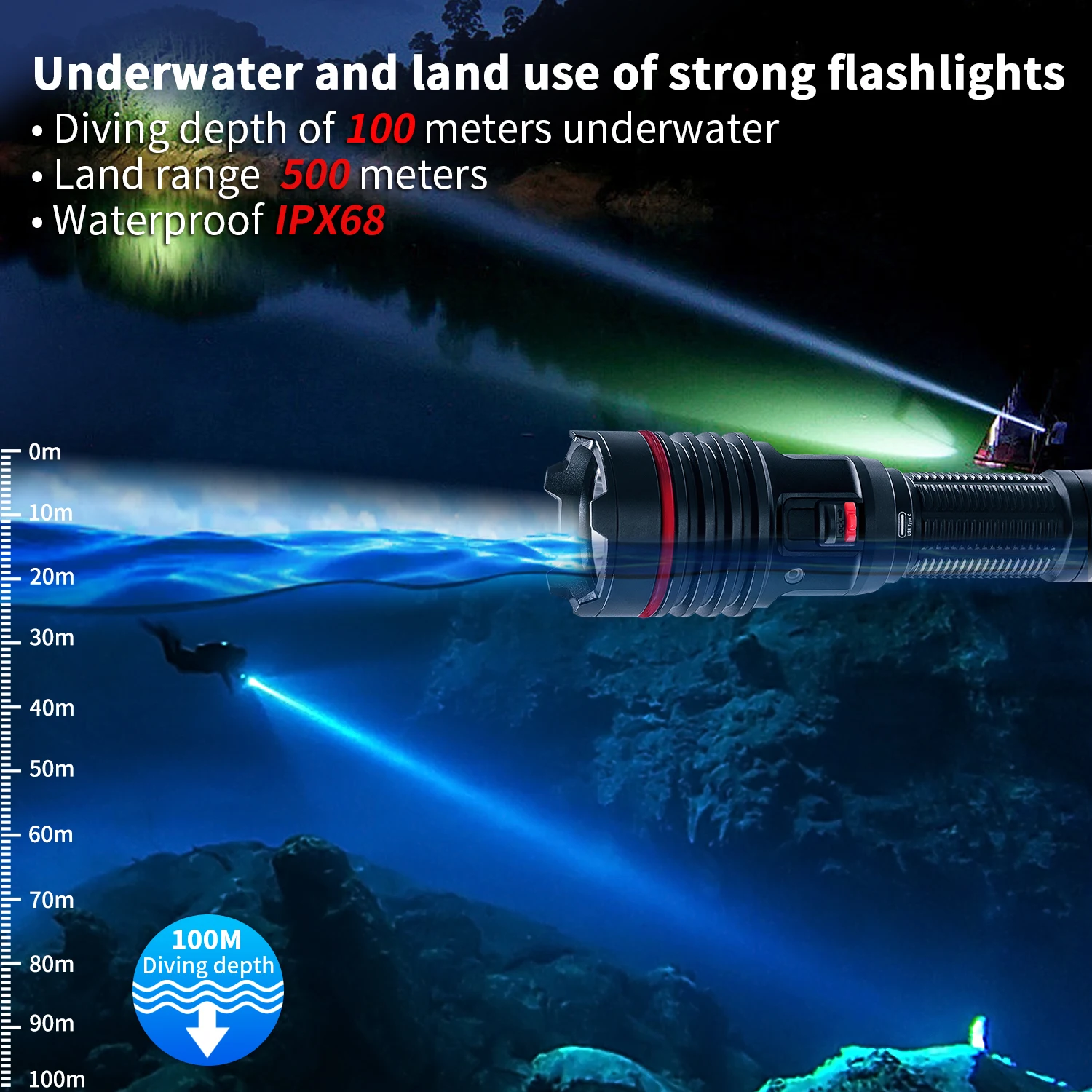 S16 2000 Lumens Diving Light with Stepless Dimming - Super Bright Underwater Flashlight, USB-C Charging, IP68 Waterproof 328FT Dive Torch for Scuba Diving & Night Diving