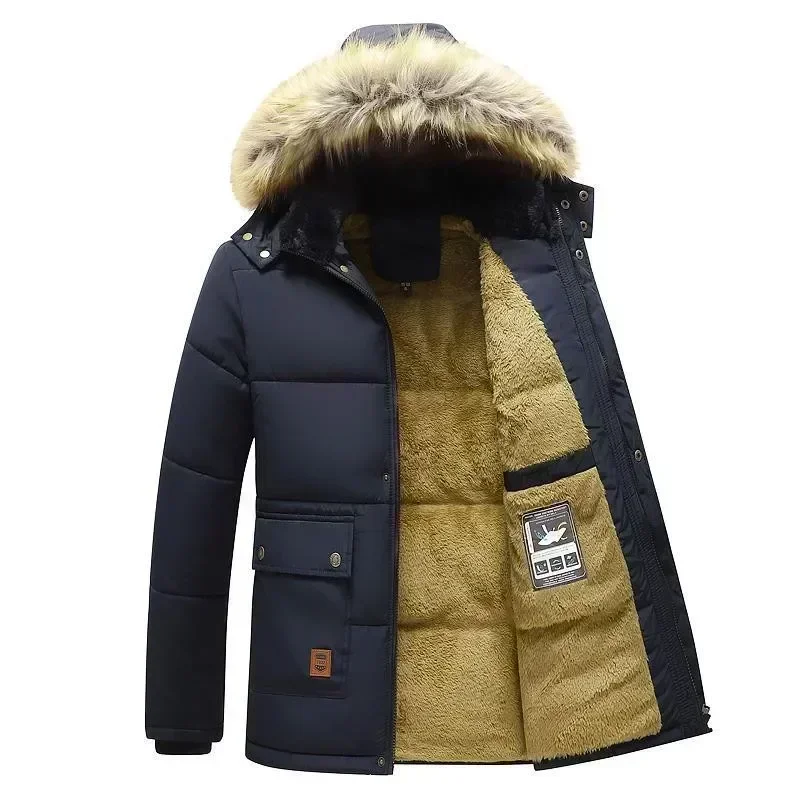 Men's Cotton Jacket Winter Thick Fleece Lining and Hooded Windproof and Warm Parka Coat Retro Waterproof Middle-aged Men's Coat