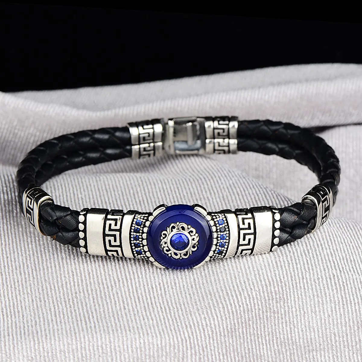 Silver Handmade Bracelet , Silver Leather Evil Eye Bracelet , Blue Sapphire Stone Bracelet , Sterling Silver Bracelet