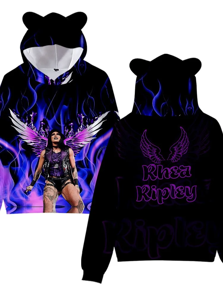 Rhea Ripley Merch sweat à capuche pour filles chat oreille culture pull imprimé vêtements décontractés