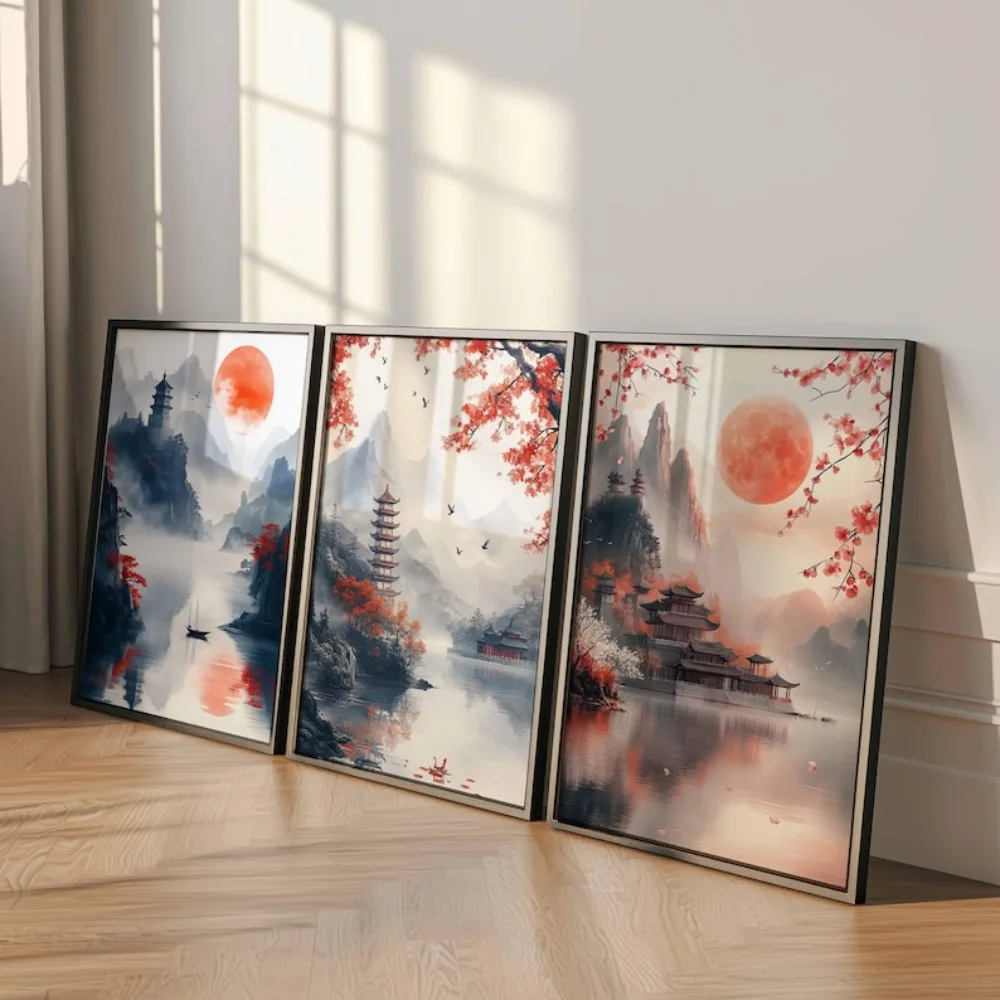 مجموعة ملصقات للمناظر الطبيعية الحمراء الصينية بدون إطار مكونة من 3 قطع، فن تقليدي، مطبوعات غروب الشمس والقمر، ديكور فني طبيعي سلمي #4