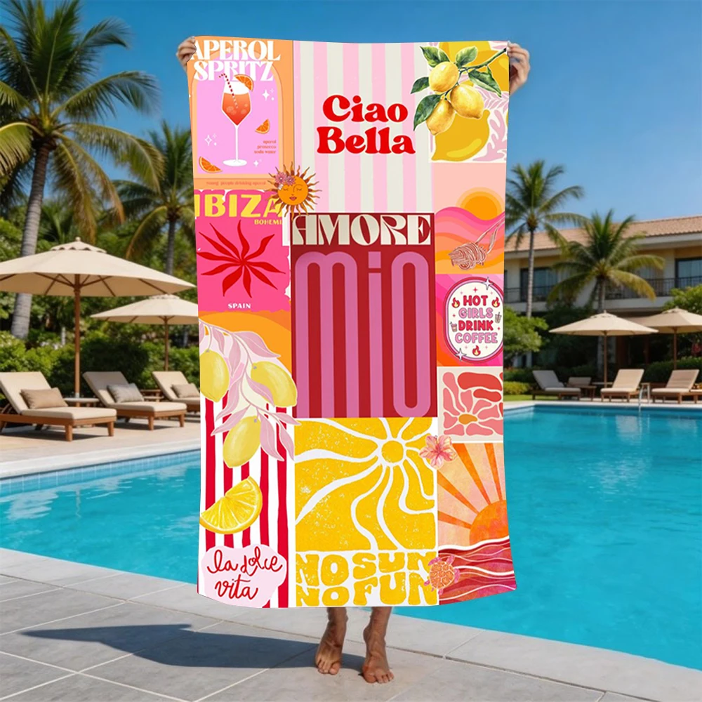 Pink Orange Ibiza Summer Collage Beach Towel Multiple Sizes For Fashion Women Mediterranean Holiday Swim Towel
