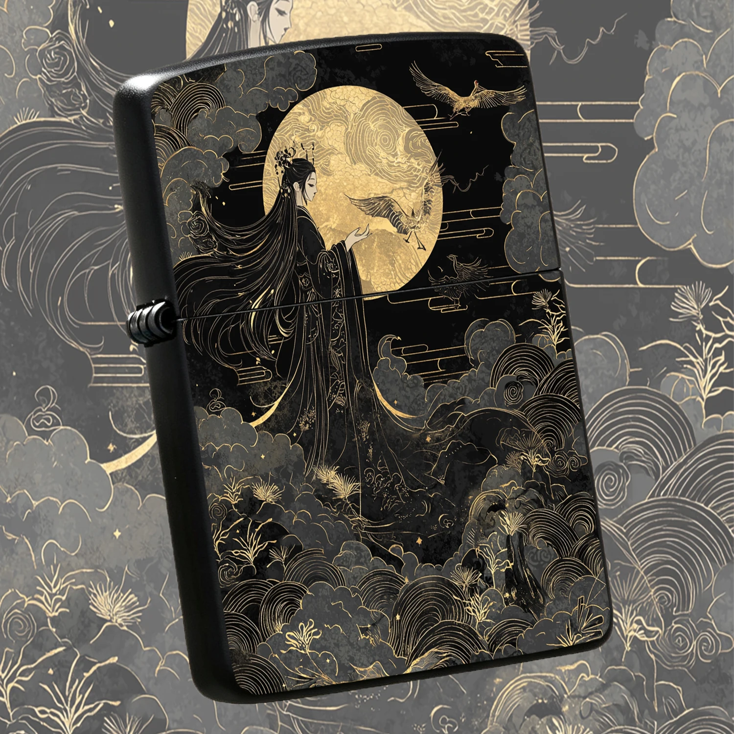 Eastern style Style Gold Foil Chang'e Moon Lighter, BLACK Relief Windproof PORTABLE Lighter, Vintage Crane Cloud Wave Pattern Collectible Gift for Daily Use, Suitable for Tobacco Incense Candle Lighting, Durable Exquisite Pocket Lighter f