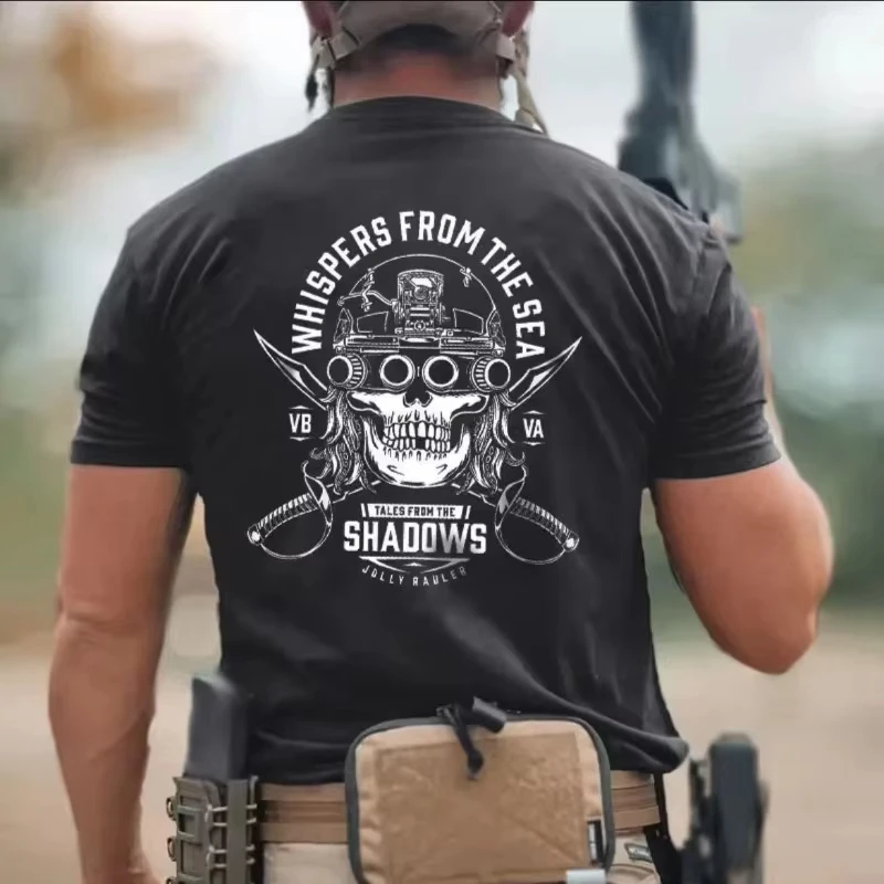 Family Matching T‑Shirt Black Tactical Pirate‑Style Skull Helmet Dual‑Blade Circular Large Back Vintage Streetwear Sleeve Tee