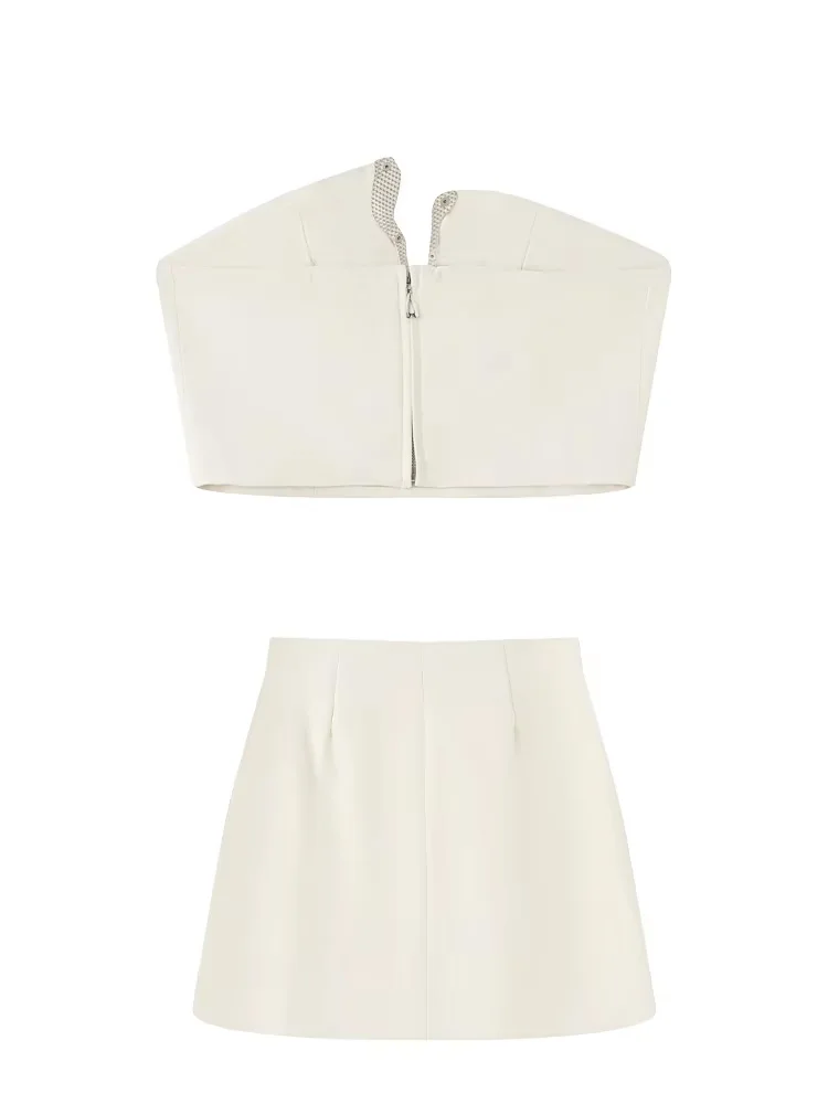 ชุดกระโปรงฤดูร้อนสำหรับผู้หญิง ดีไซน์ประดับคริสตัล ชุดเซ็กซี่ เสื้อครอปแขนกุดแบบไร้สาย+กระโปรงทรงเอแบบมินิ ซิปด้านข้าง แฟชั่น