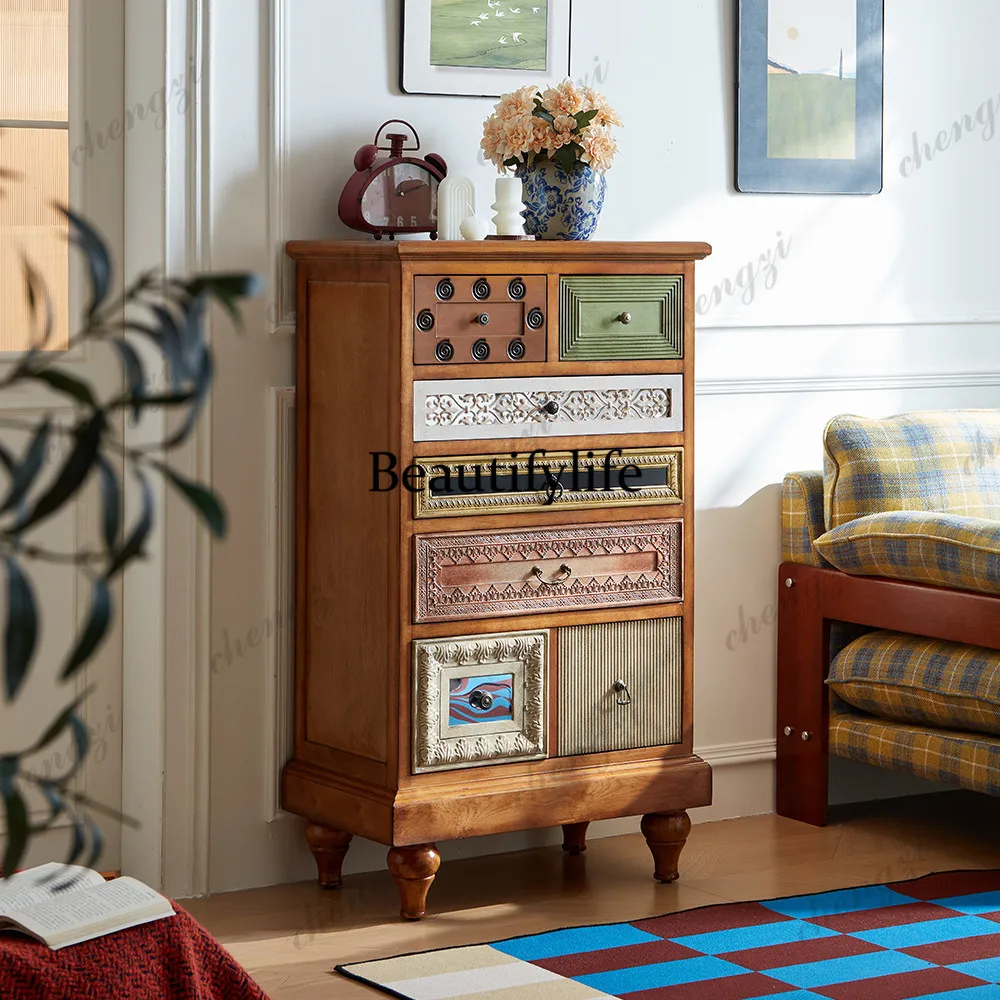 American solid wood five buckets, living room porch cabinet, retro balcony storage, storage, sofa side cabinet