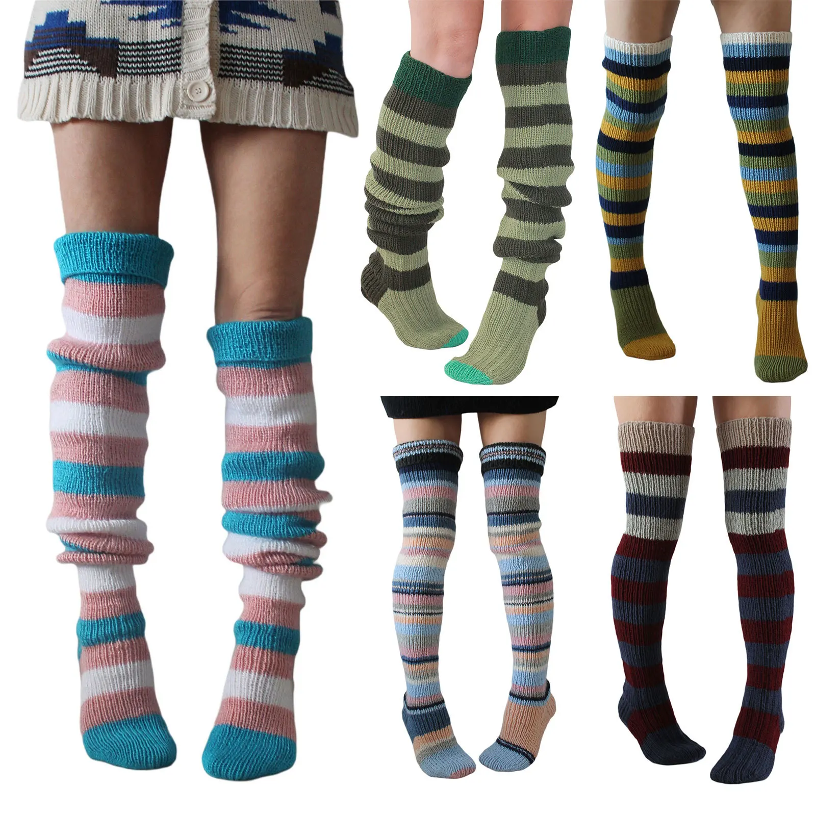 Wool Socks Fashion Y2K Striped Long Tube Over Knee Knitted Stacking Socks Women