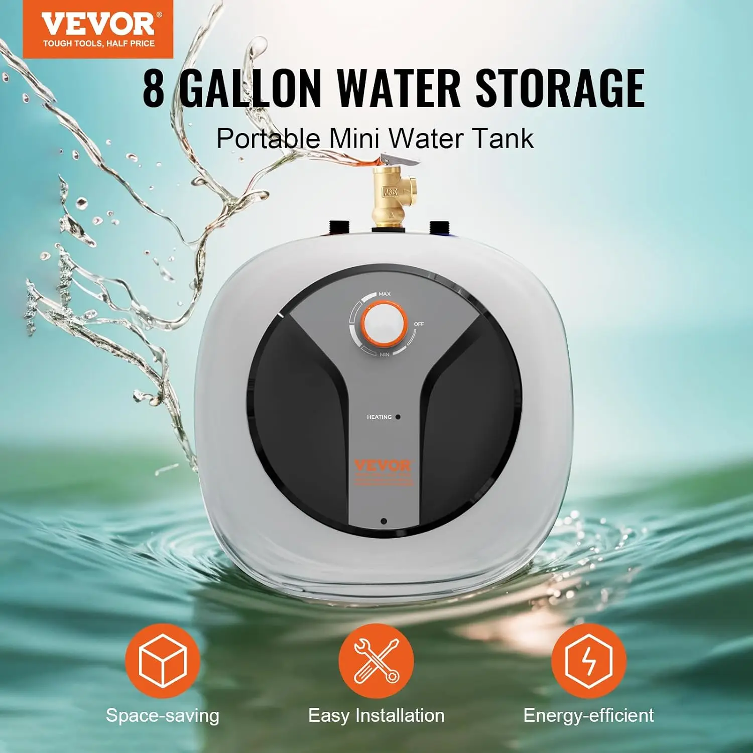 Electric Mini-Tank Water Heater 8-Gallon Tank, 1440W Hot Water Boiler Storage, Safety Temperature Pressure Valve Easy Install, f