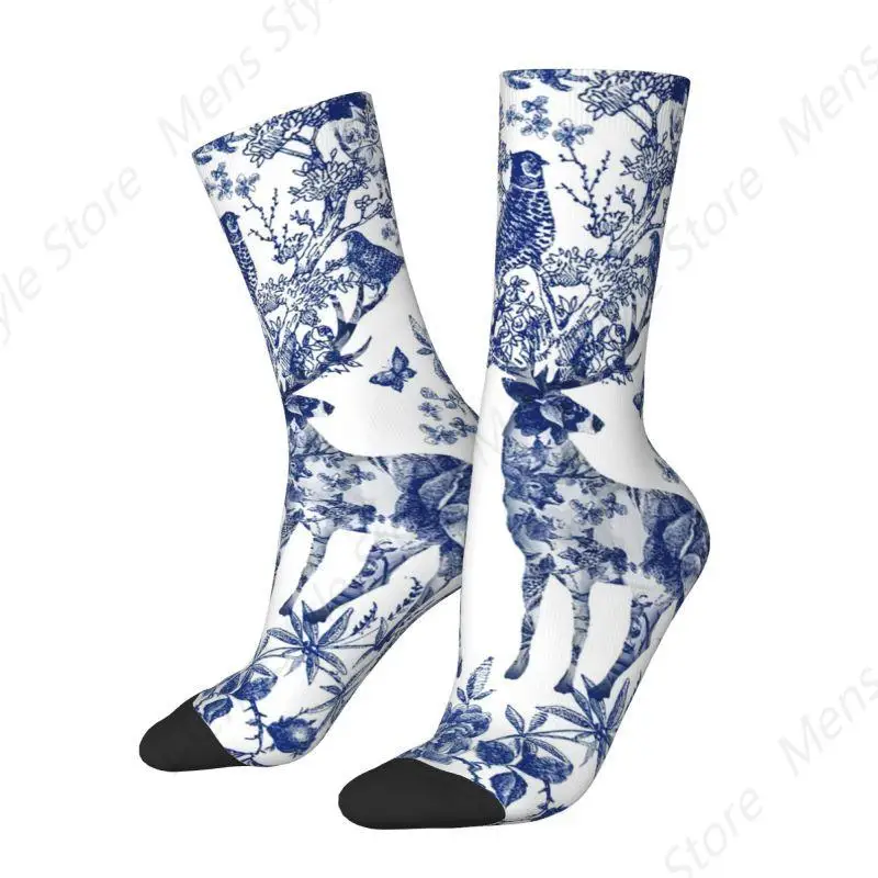 Vintage French Toile De Jouy Dress Socks Men Women Warm Fashion Floral Animal Forest Indigo Pattern Crew Socks