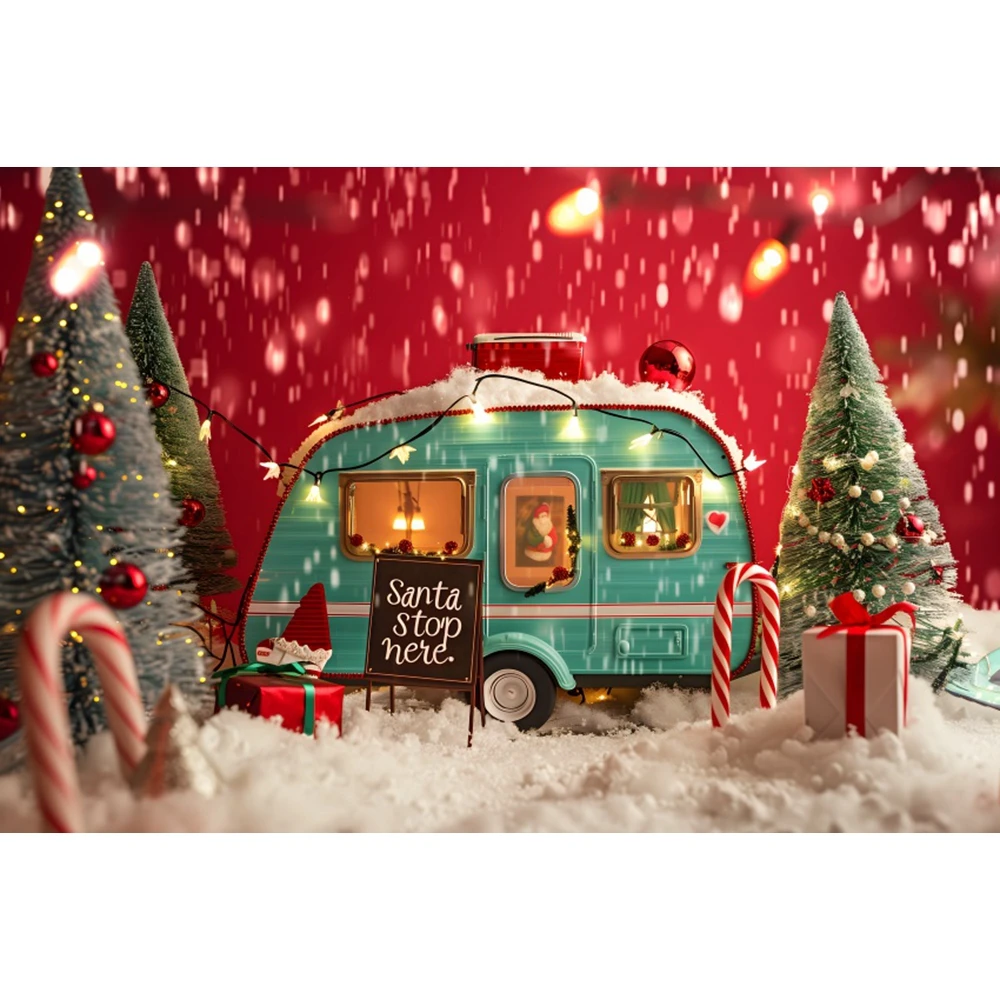 Christmas Forest Snow Scene Photography Background Retro Truck Xmas Tree Backdrop Candy Cane Gift Decor Family Photo Studio