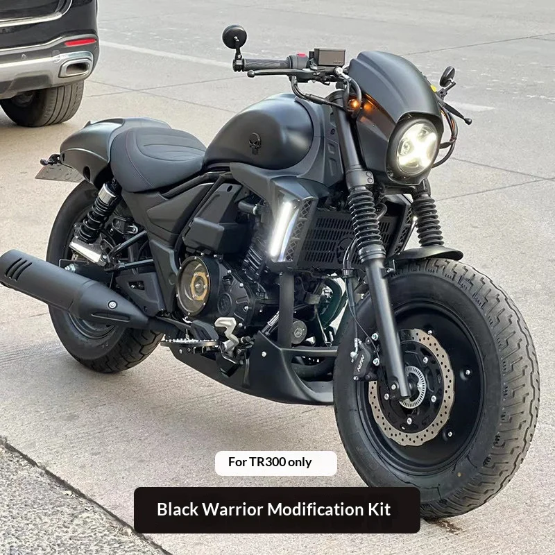 【Premium】For Haojue TR300 Black Warrior modification parts: retro round headlights, pig-head grille, lower air deflector, and sh