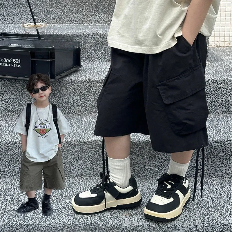 

Kids Pants 2024 Summer Boys Cotton Cargo Shorts Baby Loose Solid Color Fashionable Casual Simple Big Pocket Boys Pants