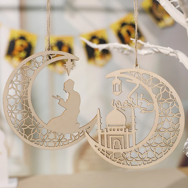 3Pcs Eid Mubarak Hollow-Out Wooden Pendant Moon Ramadan Kareem Home Hanging Ornament Islamic Muslim Party DIY Decor Supplies