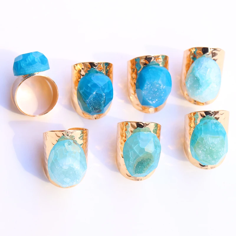 Irregular Natural Stone Geode Agate Slices Open Rings for Women Boho Resizable Ring Jewelry