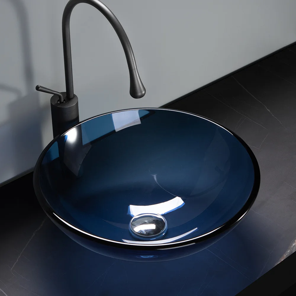 

Bathroom and bathroom tempered glass washbasin, bathroom washbasin, round origin source, glass art countertop basin