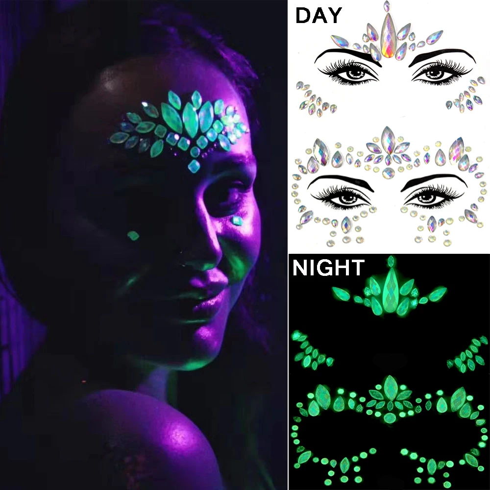 

Luminous Glitters for Face Rhinestones Halloween Temporary Tattoo Glow in the Dark Face Jewels Sticker for Festival Party Makeup