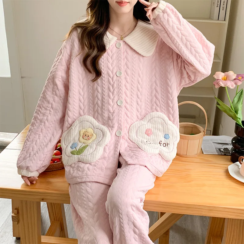 

Осень-зима женские пижамы новая модель милая удобная одежда для сна милый кардиган с длинными рукавами из двух предметов сохраняет тепло домашняя одежда