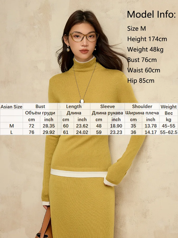 Birdtree, 32.4% Wool, Pullovers For Women, Turtleneck, Fake 2Pieces, Slim Fashion OL Sweaters, 2024 Autumn Winter Tops T49427QM