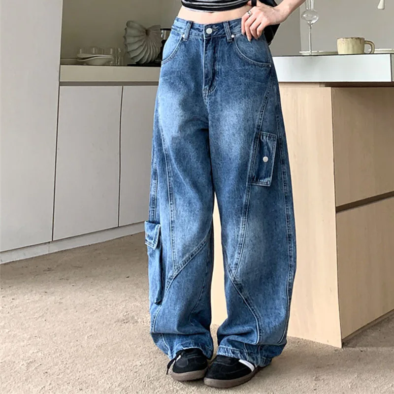 

2025 Autumn Women's Y2K Jeans American Retro Cargo Denim Pants High Waist Curved Hem Wide Leg Utility Style 2743