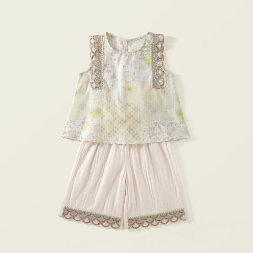 

Летний свежий комплект в стиле бохо: топ без рукавов с принтом и свободные брюки для девочек 2-7 лет, на каждый день