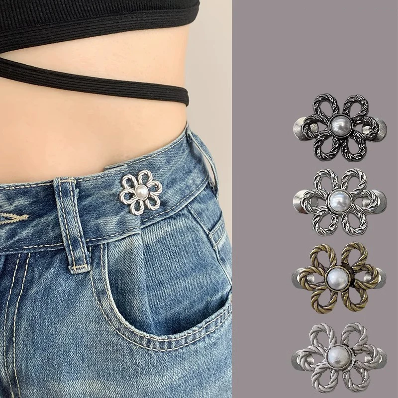 Metal Flower Buttons Snap Fastener Pants Pin Detachable Clip Waist Tightening Clothing Buckle for Jeans Perfect Fit Reduce Waist