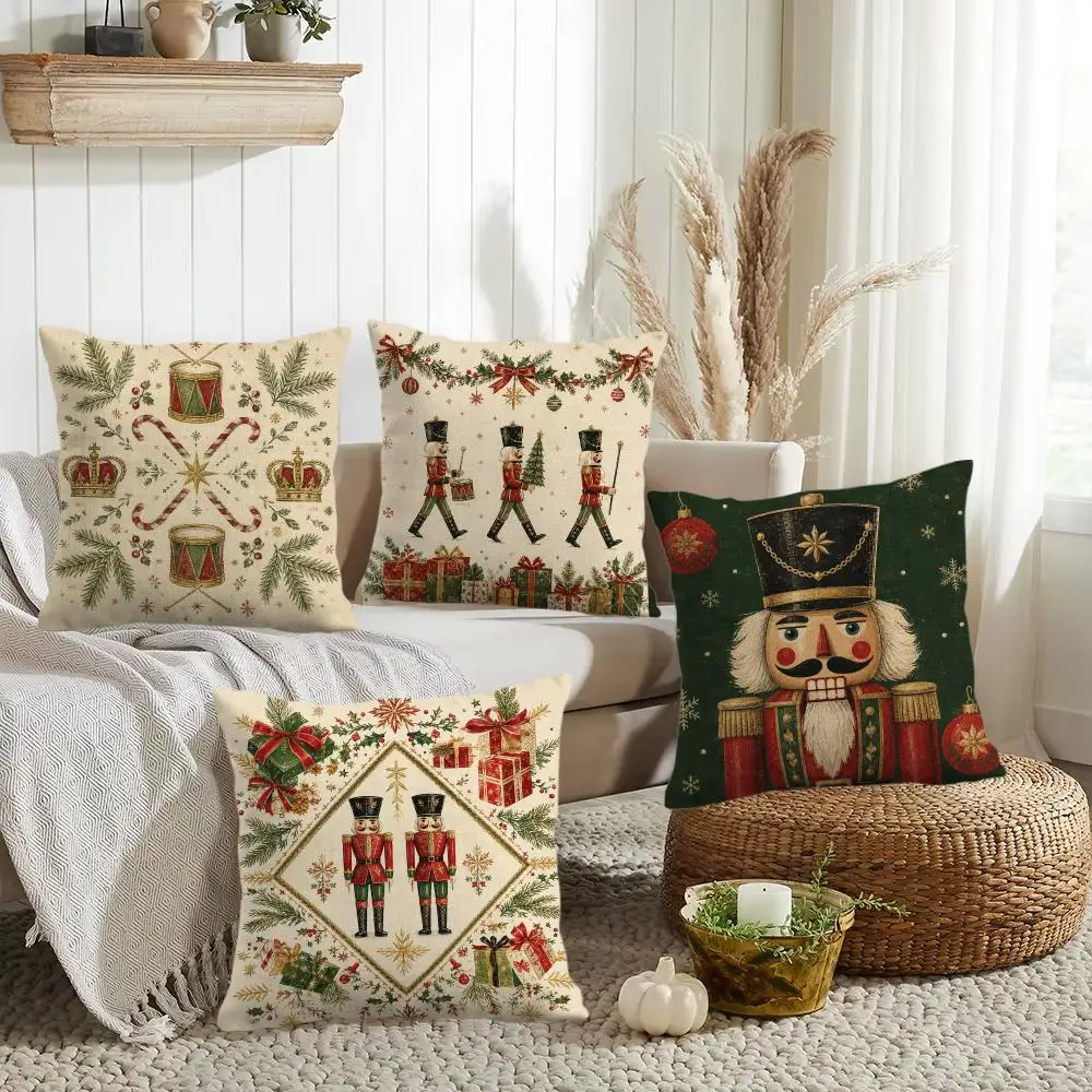 Christmas Nutcrackers Cushion Cover Silky Short Plush Invisible Zipper Dustproof Sofa Pillow Case for Home Decor