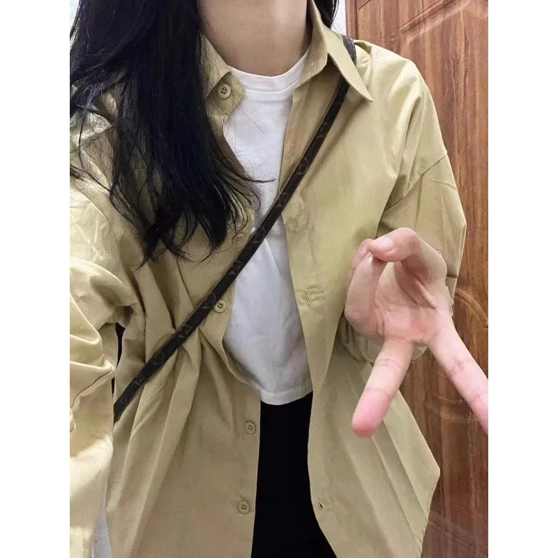 Spring and Autumn Khaki Shirt Long Sleeve Solid Color Women Outerwear Summer Thin Loose Sunscreen Top Couple Shirt Women Jacket