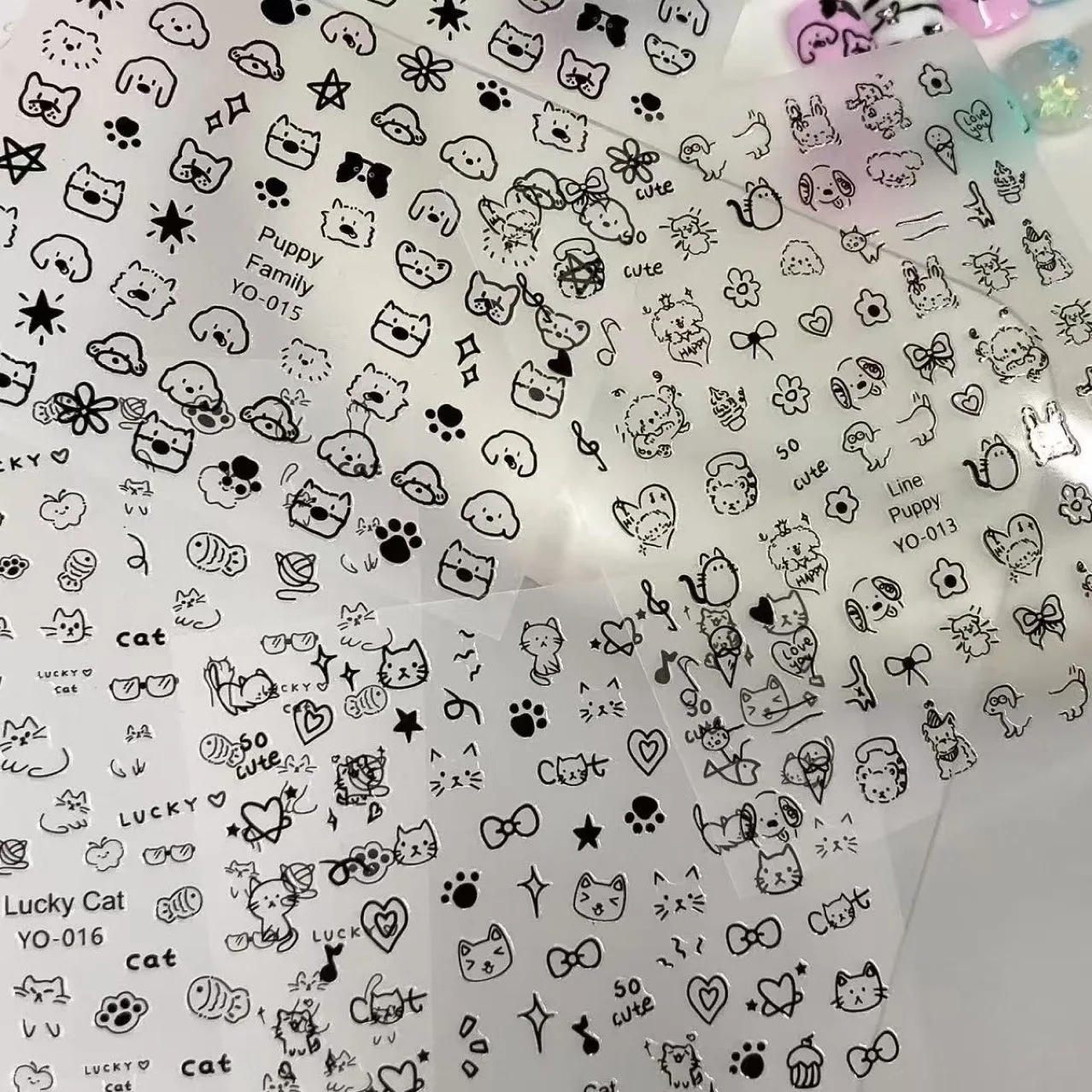 Nail Stickers Tiny Animal Pet Cat Dog Paw Drawing Childlike Style English Doodle Decal Premium Waterproof Long Lasting