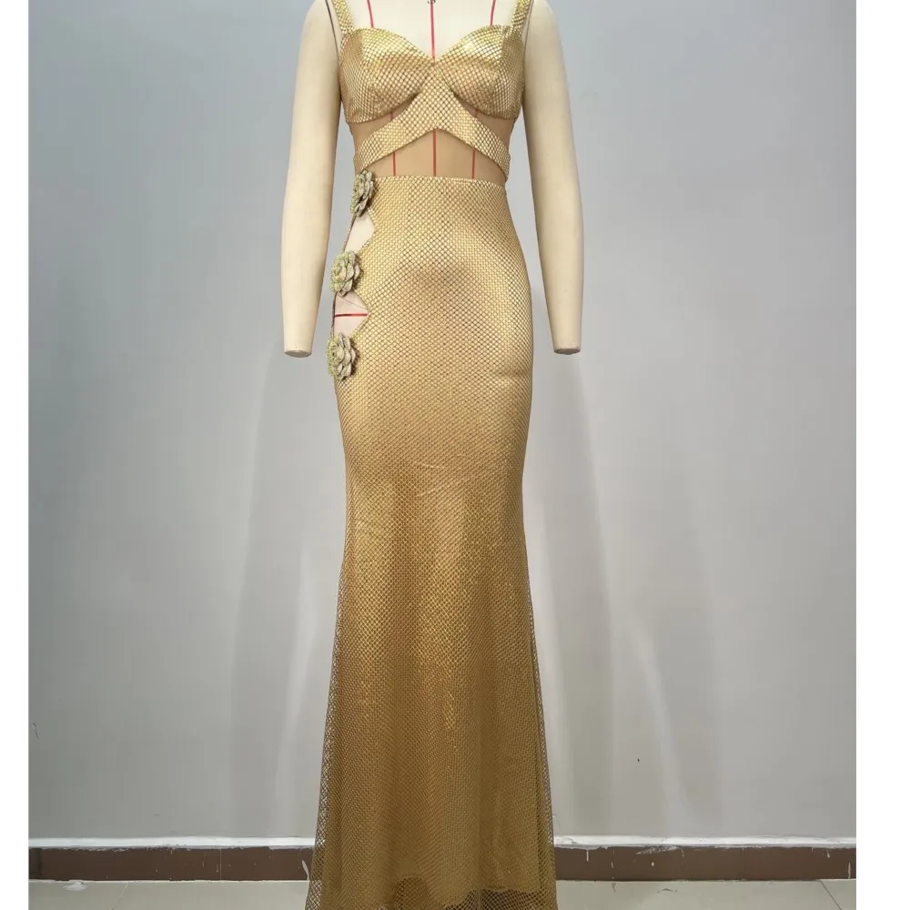 

European and American Brace High Waist Hollow Flower Mesh Fishtail Annual Meeting Host Evening Dress