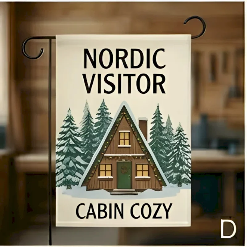 VIKAMA Nordic Visitor Cabin Garden Flag, Cozy Cottage Pine Outdoor Yard Hanging Decor, Xmas Outdoor Yard Decor