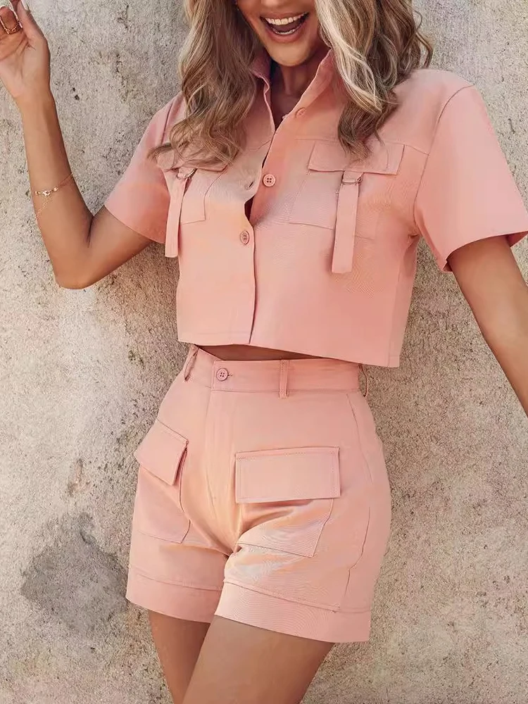 Office Lady Shorts Two Pieces Set Women Suits Buckled Buttoned Cargo Top & Pocket Design Shorts Set Female Elegant Clothing