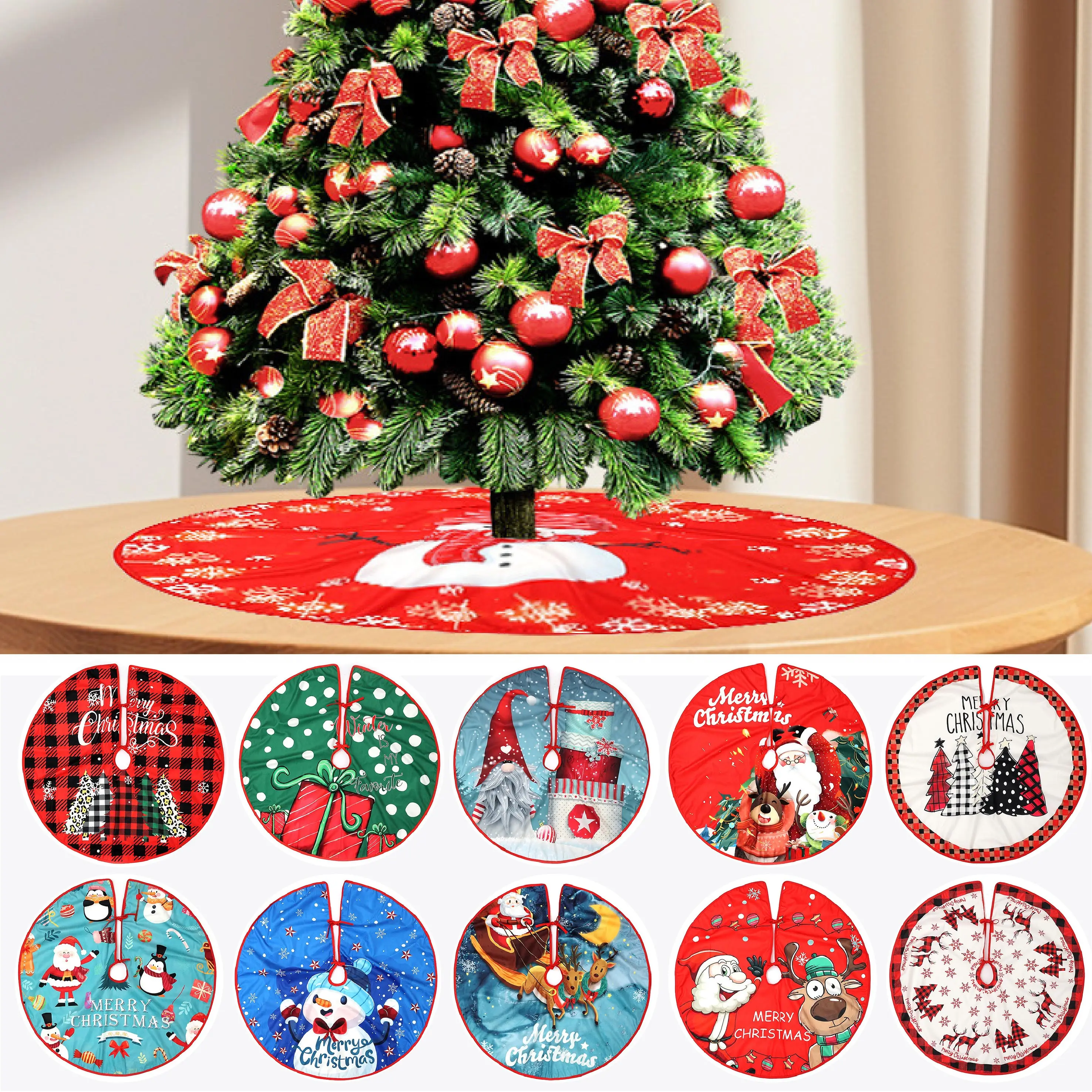 Christmas Tree Skirts Christmas Tree Decoration with Red Santa Claus Reindeer Pattern 35 Inch Christmas Gift Home Decor Supplies