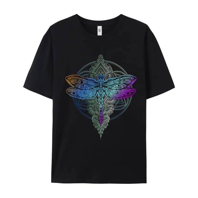 Colorful Mandala Dragonfly T-Shirt - Male Retro Tops & Tees Crew Neck VALENTINE DAY 100% Cotton T-Shirt Street T Shirts