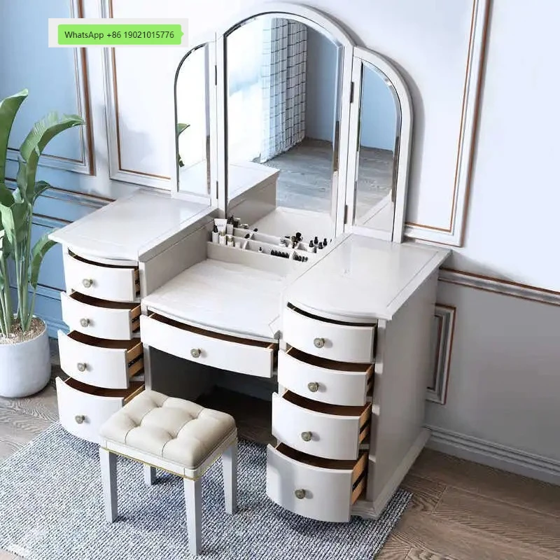 HJ solid wood dresser light luxury modern simple high-end retro folding mirror bedroom makeup table storage cabinet integrated