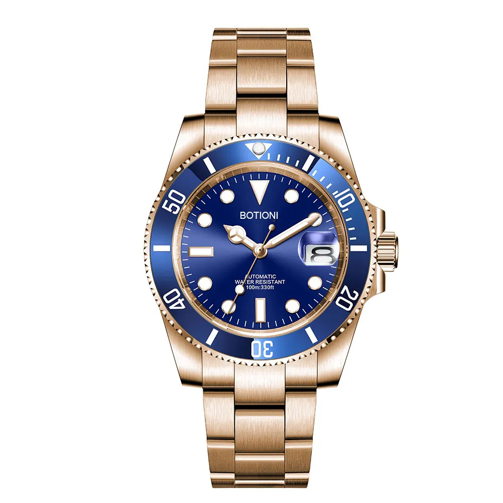 

Custom Logo/Name Gold PVD Men Watch NH35 Miyota Automatic Mechanical Watches Ceramic Bezel 10Bar Swim Date Male Clock