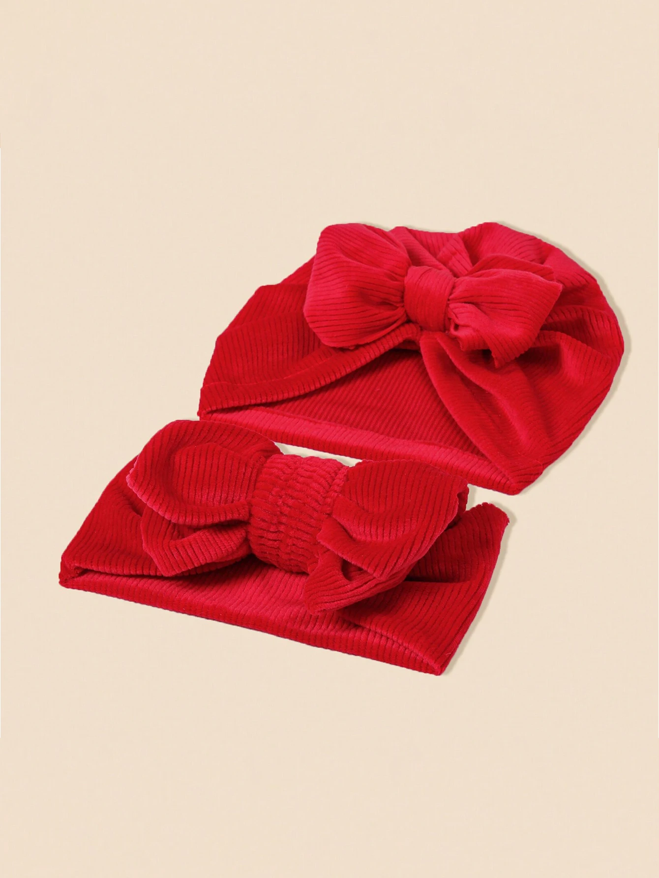2pcs/set New Hot Selling Corduroy Red Bow Hair With Hat Soft Comfortable Baby Headband Cap Hairband Hat Combination Set