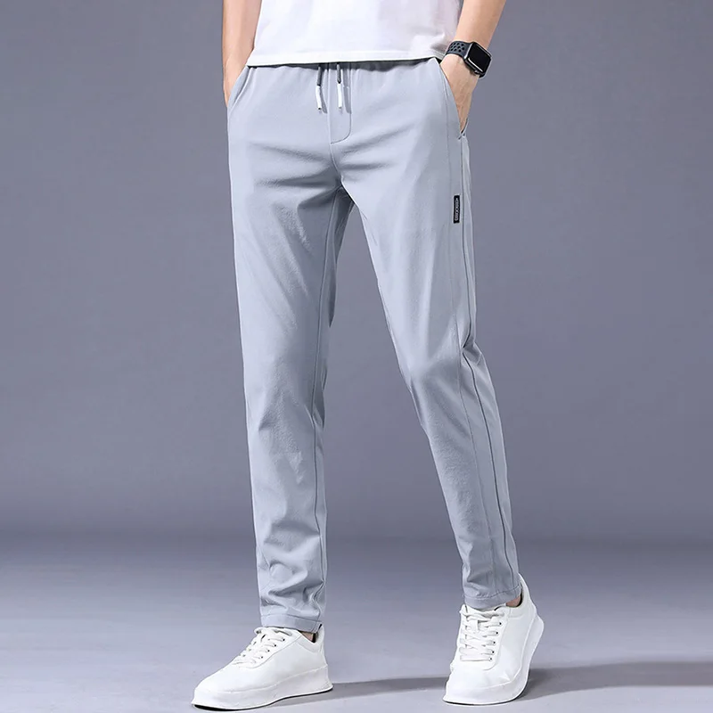 

Men Ice Silk Trousers Solid Color Mid-Waist Loose Breathable Straight-Leg Casual Pants Thin Quick-Drying Sports Trousers Boy