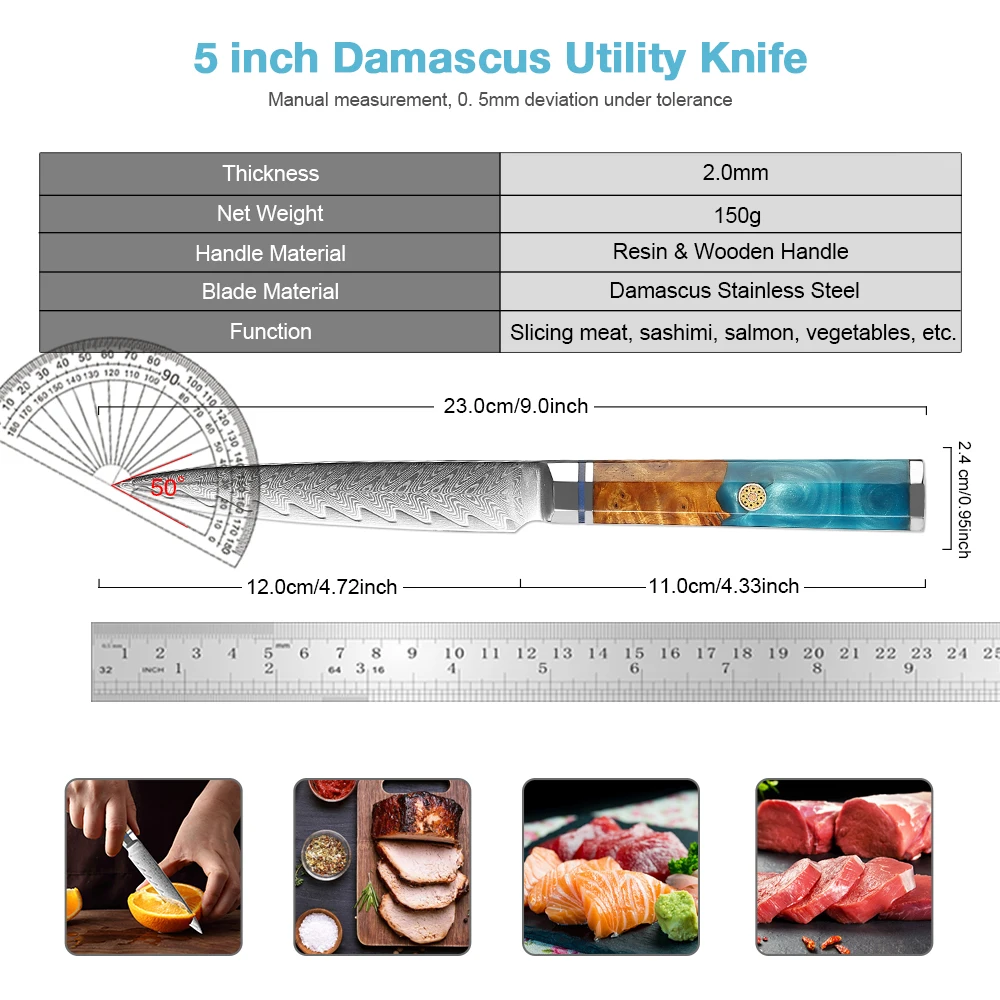 XITUO 5 Inch Utility Knife Japanese Damascus Steel Kitchen Petty Knife Razor Sharp Cutting Fruit Carving Chef’s Paring Knives