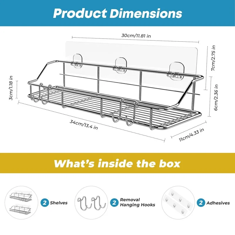 2 Pack Silver Adhesive Shower Caddy Shower Shelf Organizer for Bathroom Storage Shelves & Racks