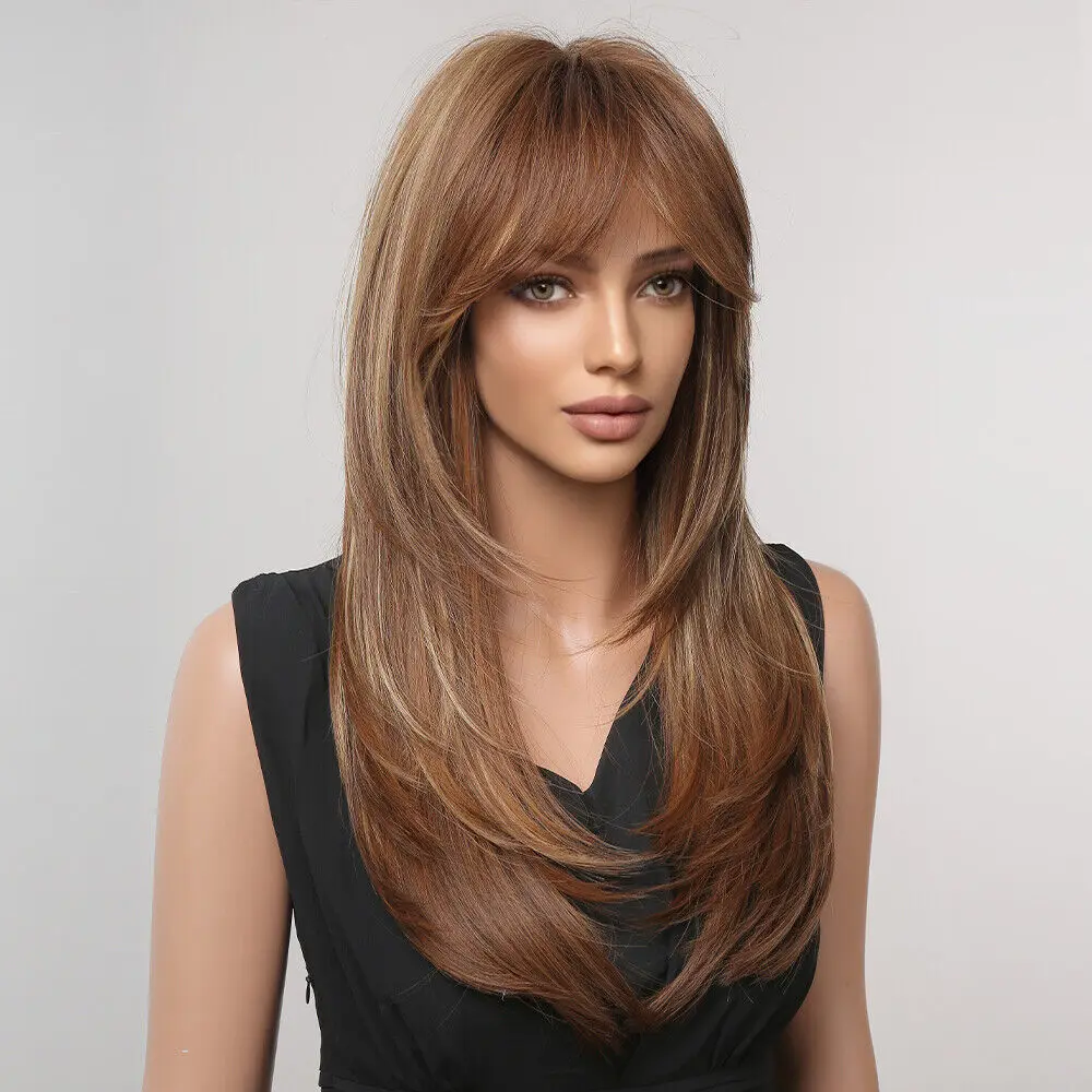 Long Straight Sweet Brown Blonde Hair Bang Natural Women Wigs