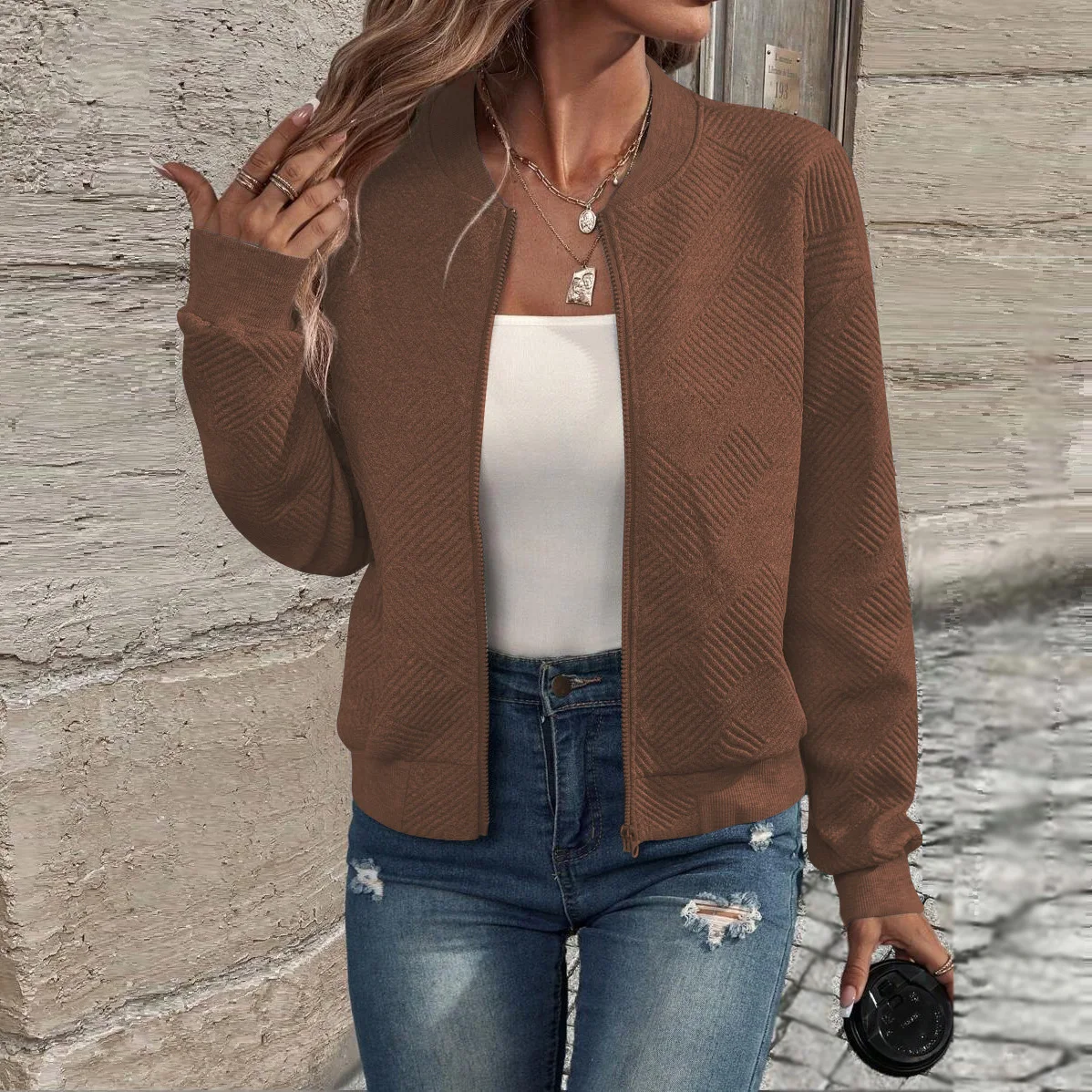 Damen Herbst- und Winterjacke, Neu, Einfarbig, Schlicht und Exquisit, mit Reißverschluss, Baseballkragen, Lässige Jacke – Detail 19