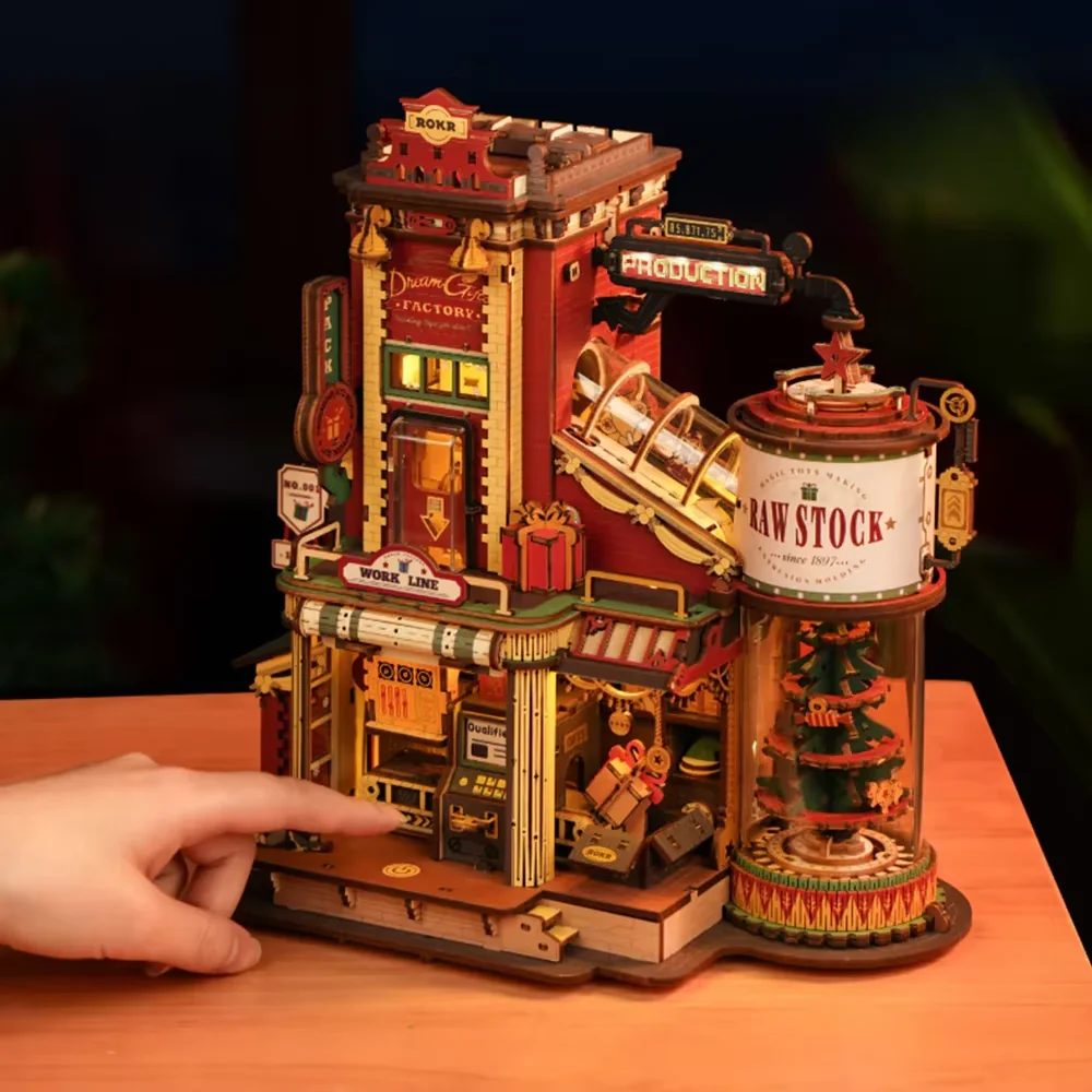 Fabbrica di regali da sogno di Natale Carillon in legno 3D con puzzle leggero Regali Giocattolo per bambini Kit di blocchi di costruzione per bambini