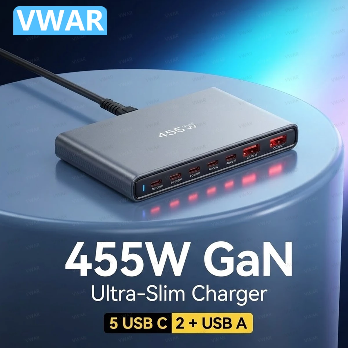 

Зарядное устройство GaN 455 Вт USB C Быстрое настольное 7-портовое зарядное устройство USB Type C PD 100 Вт Быстрая зарядка для ноутбука iPhone 17 16 Samsung S24 Xiaomi