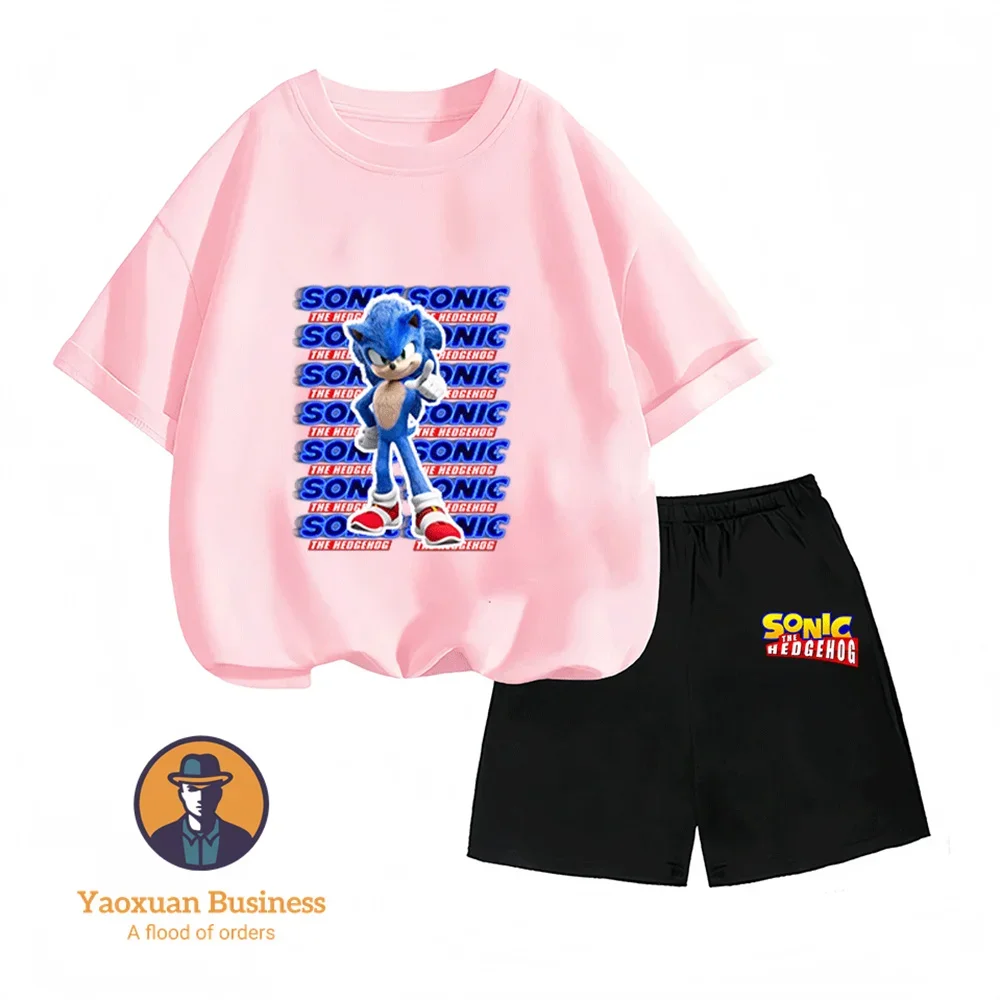 Conjunto de ropa de verano para niños y niñas, camisetas y pantalones cortos con estampado de letras, traje de Sonic The Hedgehog, trajes informales con parte superior inferior