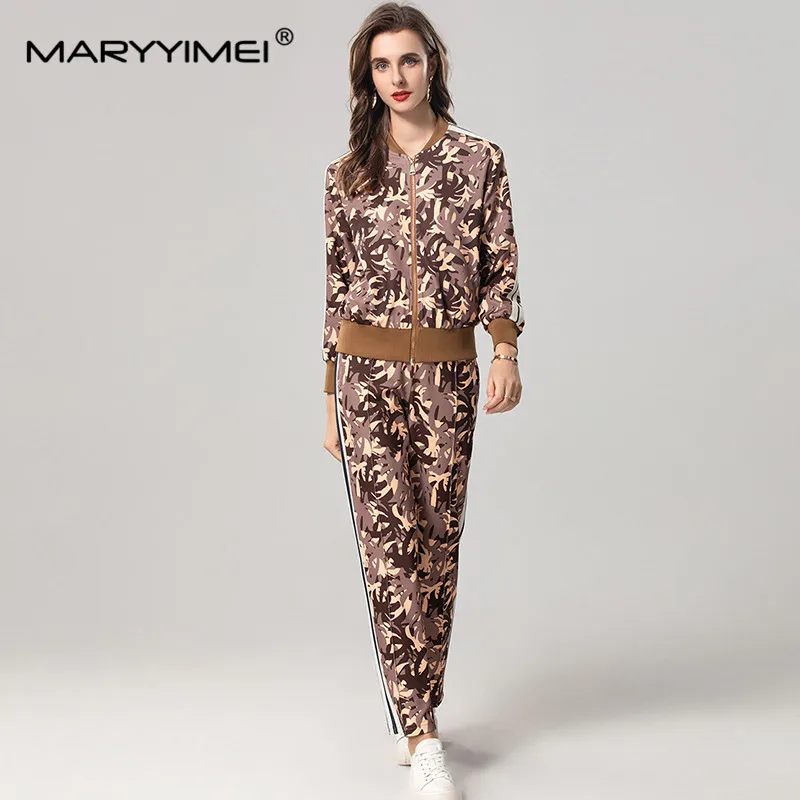 MARYYIMEI New Style Women\'s Suit Autumn and Winter Stand Collar Long Sleeved Tops+Pencil pants Unique printed 2 piece set